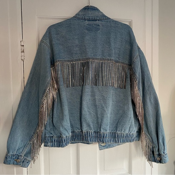 Free People Rhinestone Fringe Denim Bomber Jacket Meteor Wash XL - Picture 8 of 10